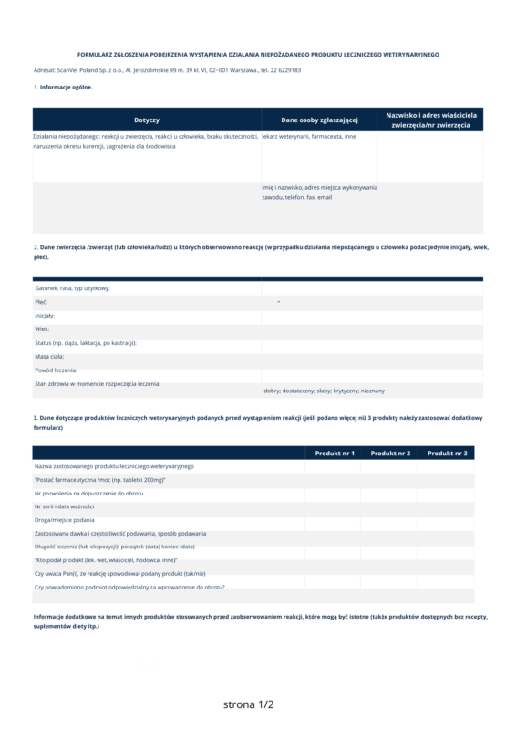 Formularz zgłoszenie działania niepożądanego strona 1
