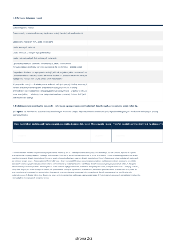 Formularz zgłoszenie działania niepożądanego strona 2